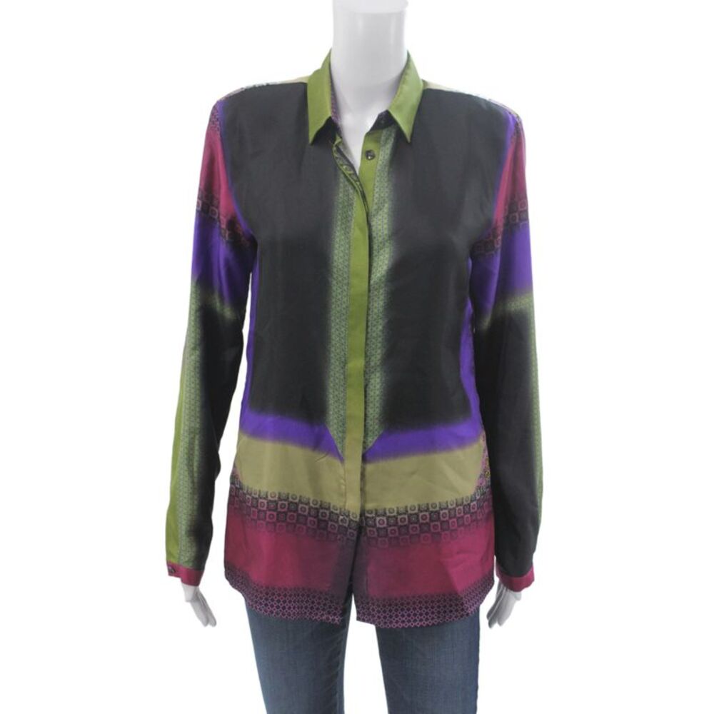 Etro Womens Silk Collared Geometric Long Sleeve Button Up Black Size 44